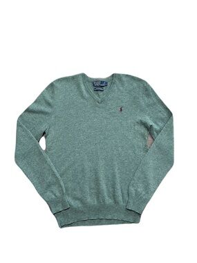 Vintage Polo Ralph Lauren LambsWool Sweater Mens Large Green V Neck Italian Yarn